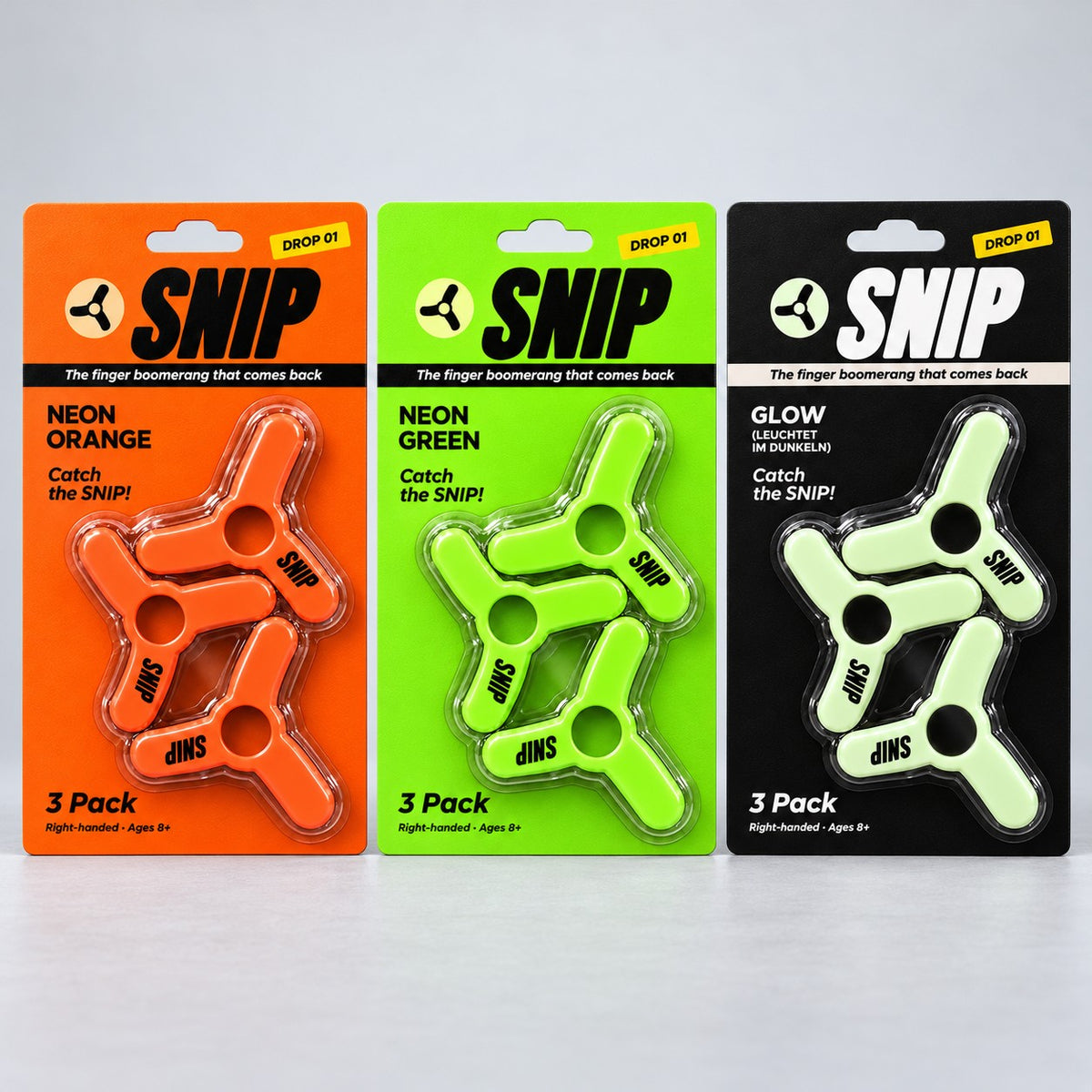 SNIP Finger Boomerang Drop 01 packs in Neon Orange, Neon Green and Glow in the Dark